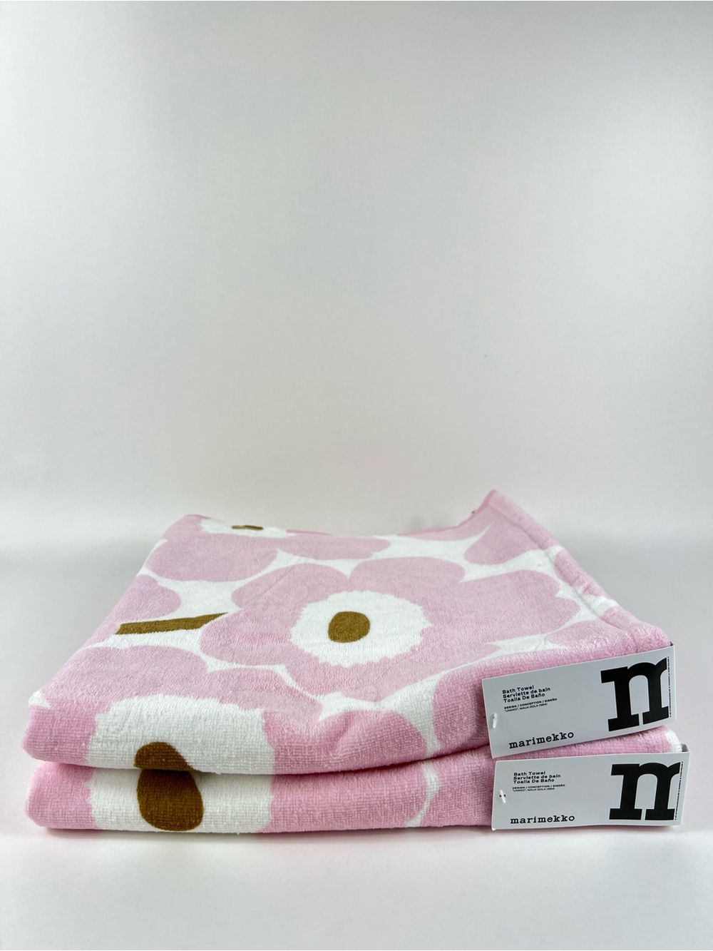 Marimekko Bath Towels Pink White Unikko Floral Soft Cotton Velour 2 Pc NEW